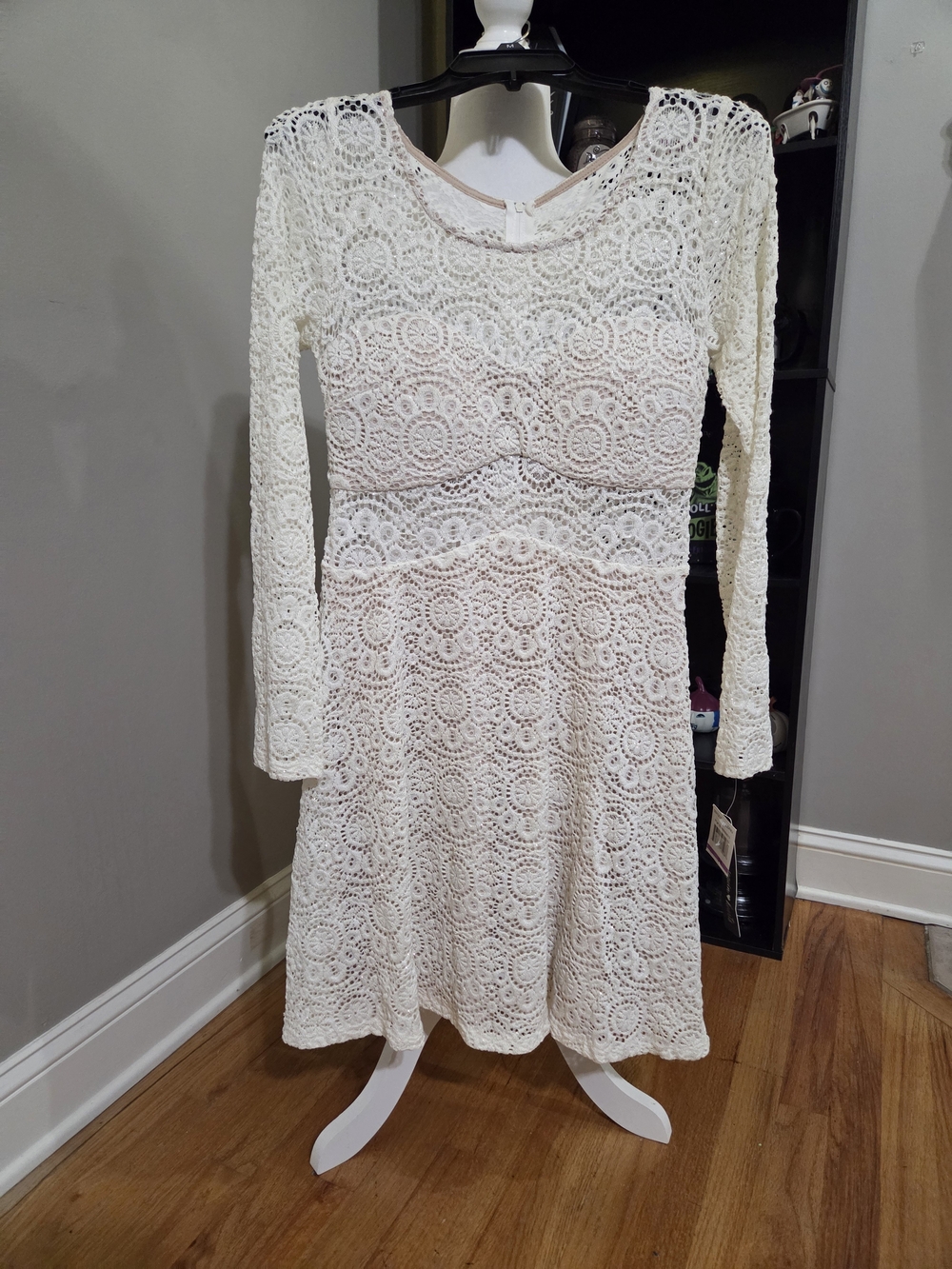Sequin Hearts Ivory Crochet Long-Sleeve Fit & Flare Dress